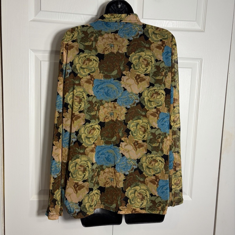 Jane Delancey Mesh Floral Shirt Women XL Blue Yellow Rose Button Up Whimsigoth - Picture 3 of 12
